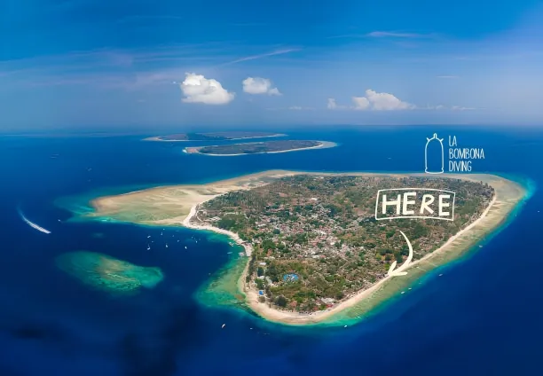 Vista aérea de Gili Trawangan con la ubicación de La Bombona Diving marcada