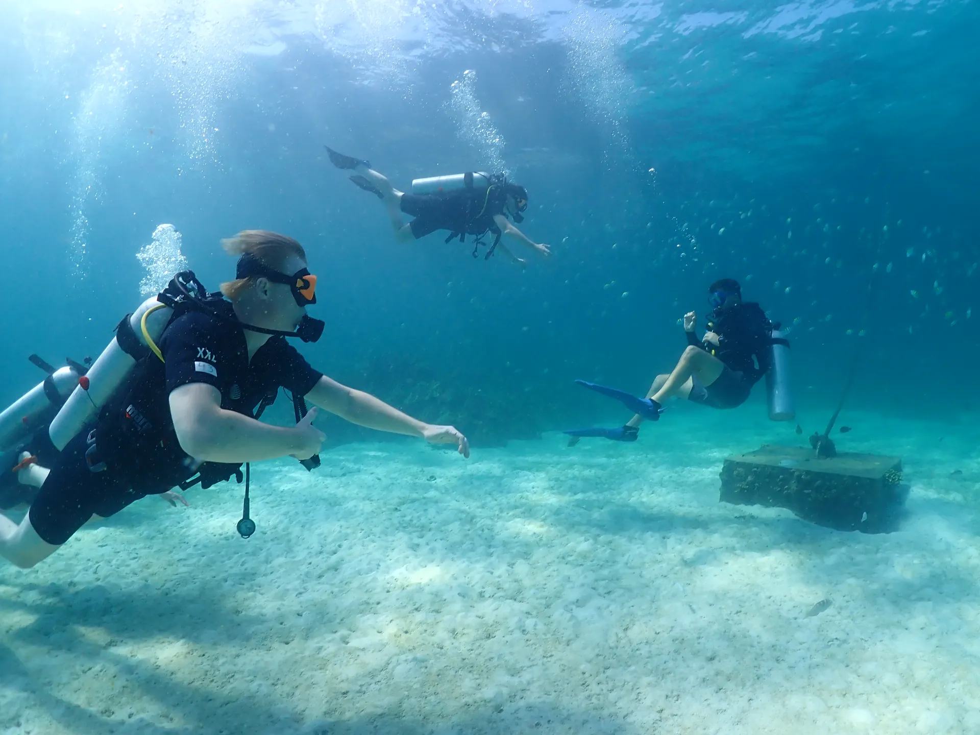 Bautizo de buceo con sus primeras respiraciones bajo el agua en Gili Trawangan