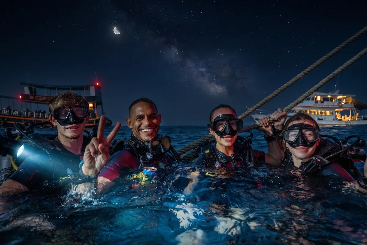 Divers at the surface under the moon and stars after a night dive