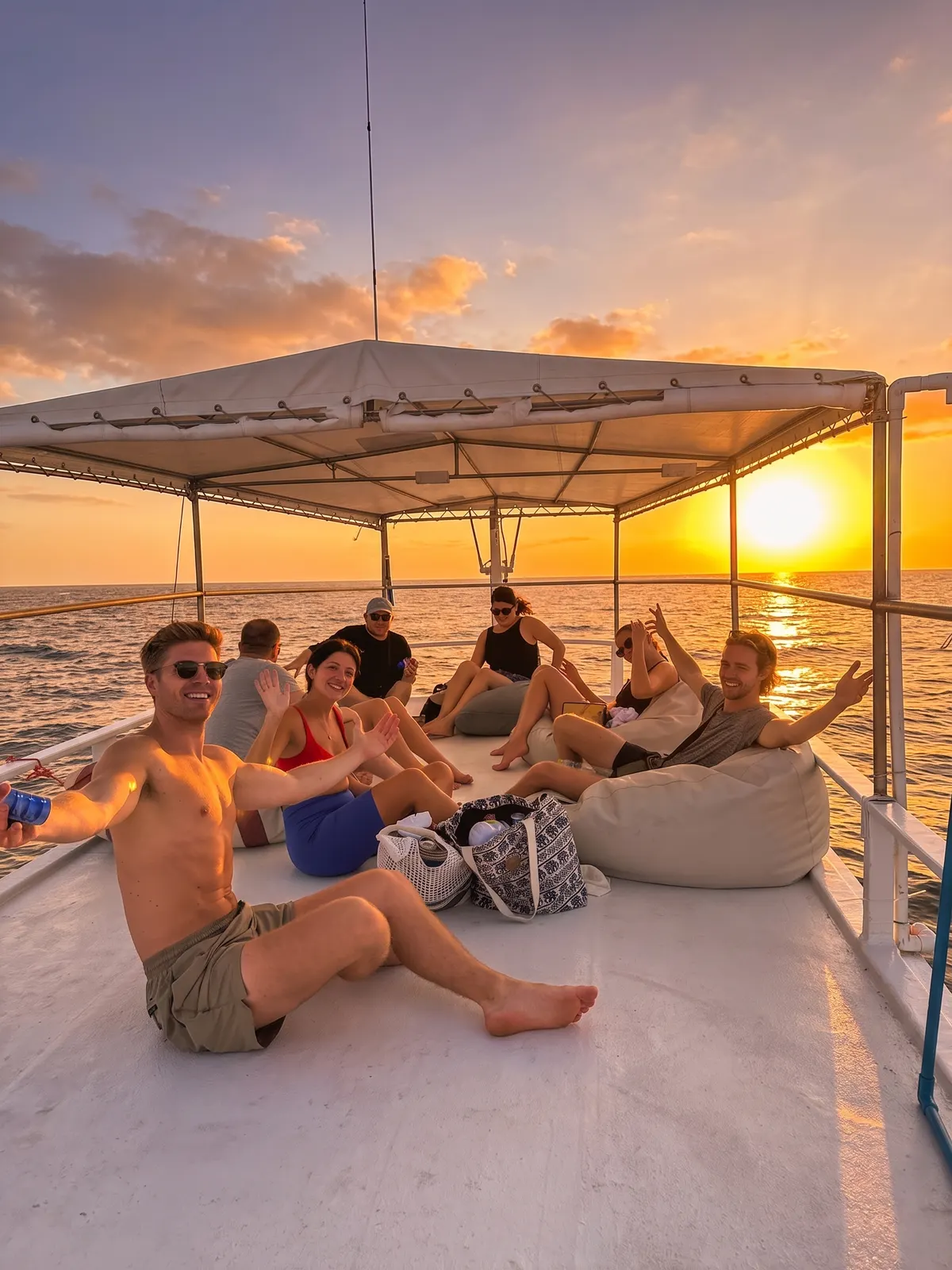 Divers relaxing on the boat at sunset on the way to the night dive